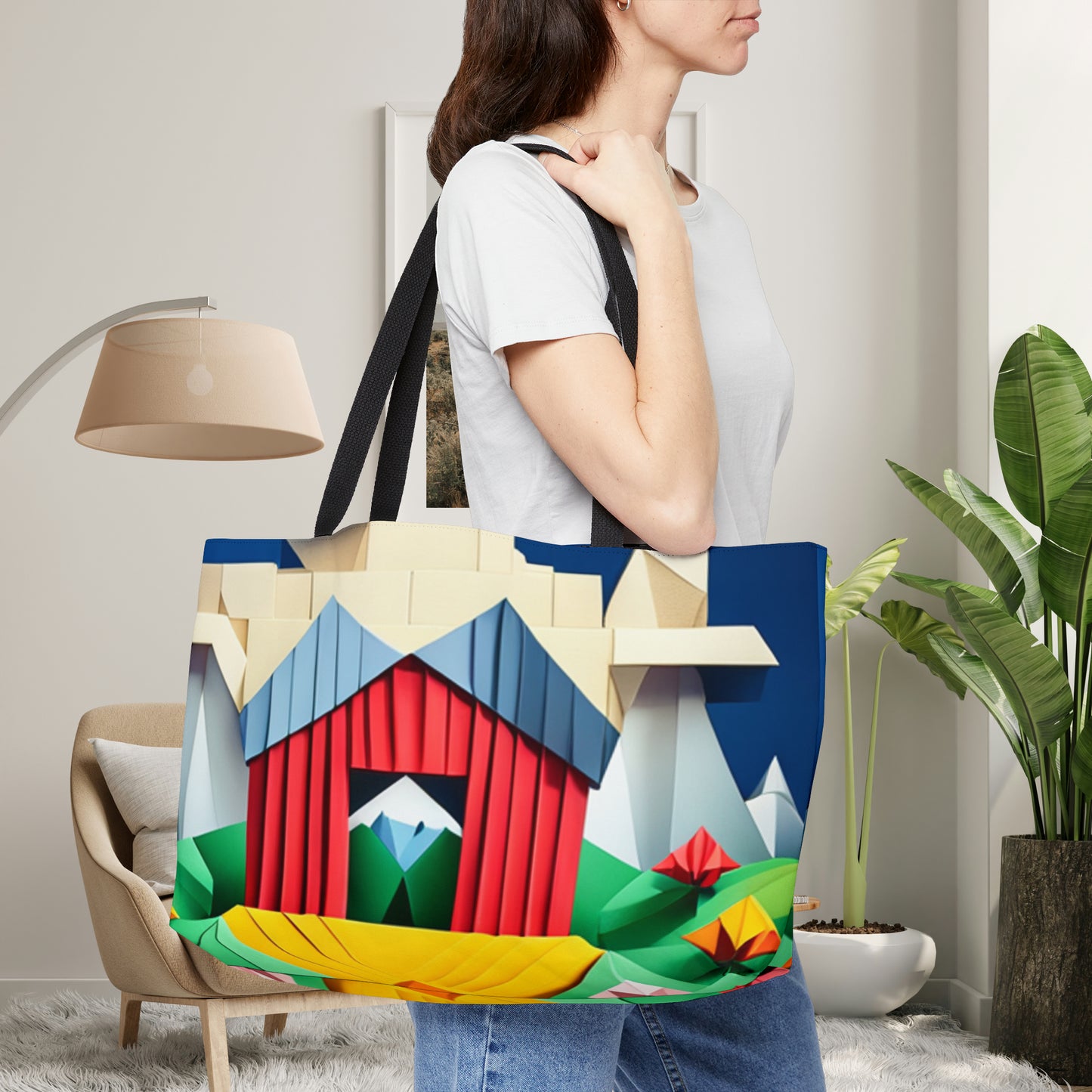 Pig in a farmhouse in origami style inspired scenery on this beautiful Weekender Tote Bag.