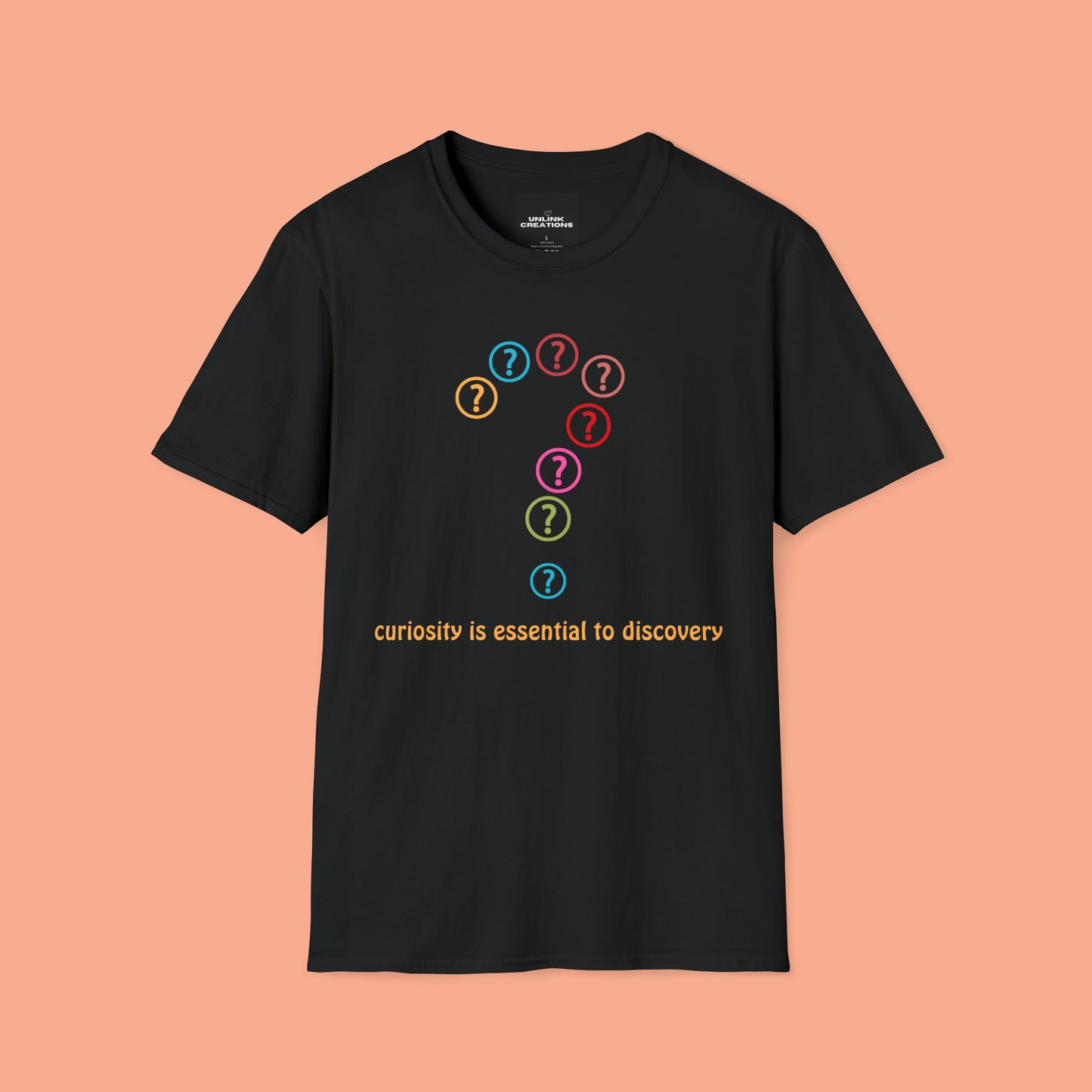 A question mark made of question marks above “curiosity is essential to discovery” message design on this Unisex Softstyle T-Shirt design.