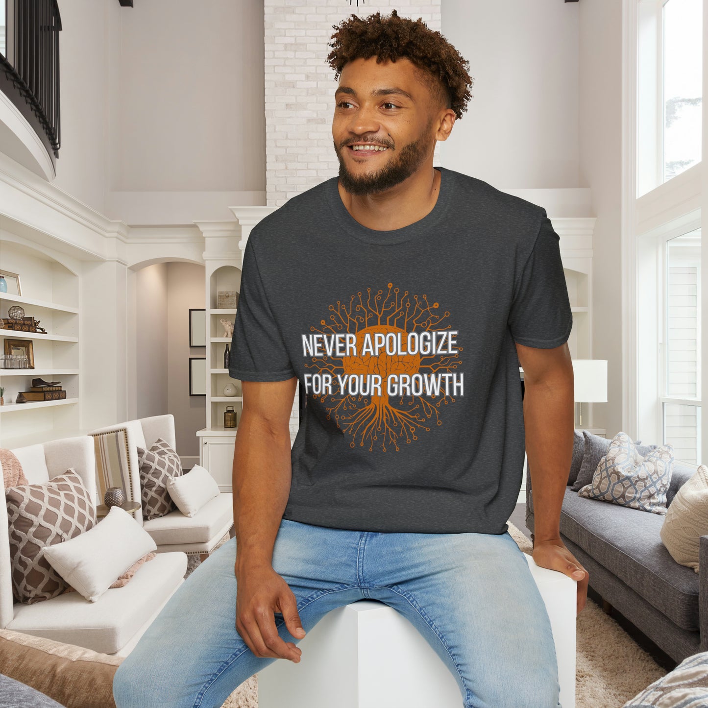 Pretty cool "NEVER APOLOGIZE FOR YOUR GROWTH” message are on this Unisex Softstyle T-Shirt design.