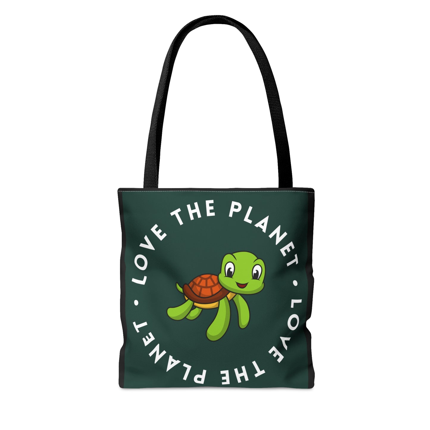 Adorable tortoise inside a  “LOVE THE PLANET” Tote Bag in 3 sizes to meet your needs.