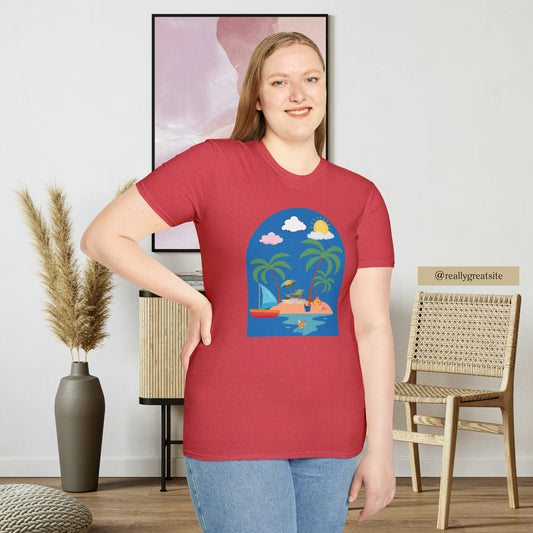 Do you smile when you think of being on an island with the sun, sand and breeze embracing you? This Unisex Softstyle T-Shirt is made for that beach loving person.