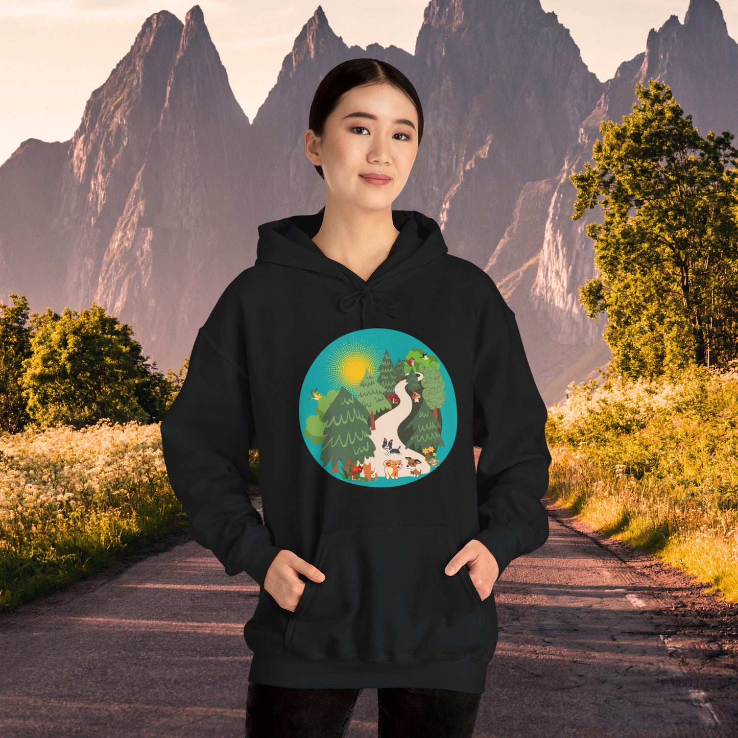 A nature walk with the doggies is so much fun! Enjoy this Unisex Heavy Blend™ Hooded Sweatshirt