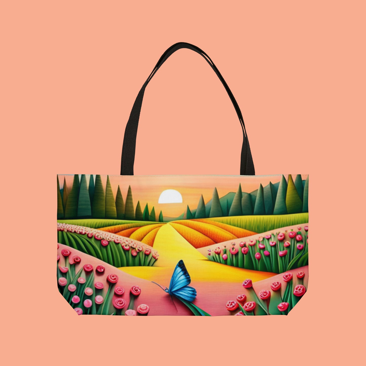 Blue butterfly in the middle of a field of flowers inspired this origami style design Weekender Tote Bag.