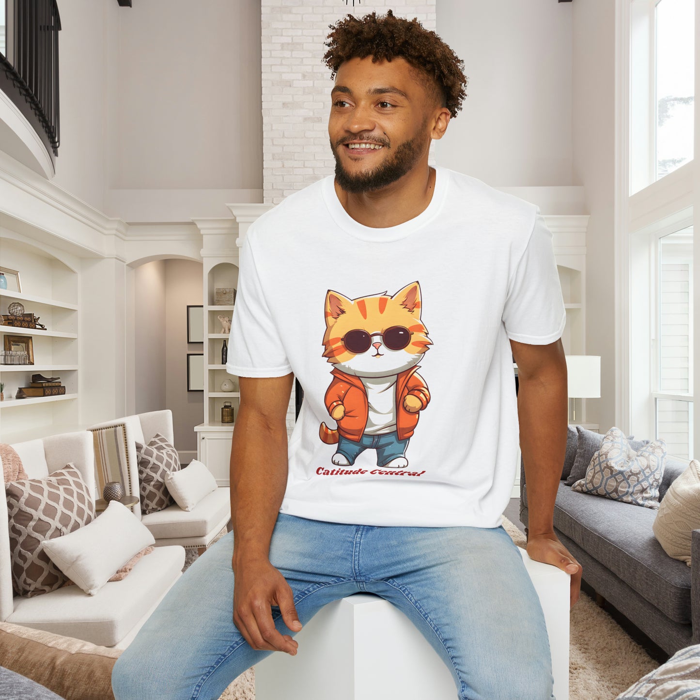 A cool cat with  “Catitude Central” below it on this Unisex Softstyle T-Shirt. Cat lovers get this.