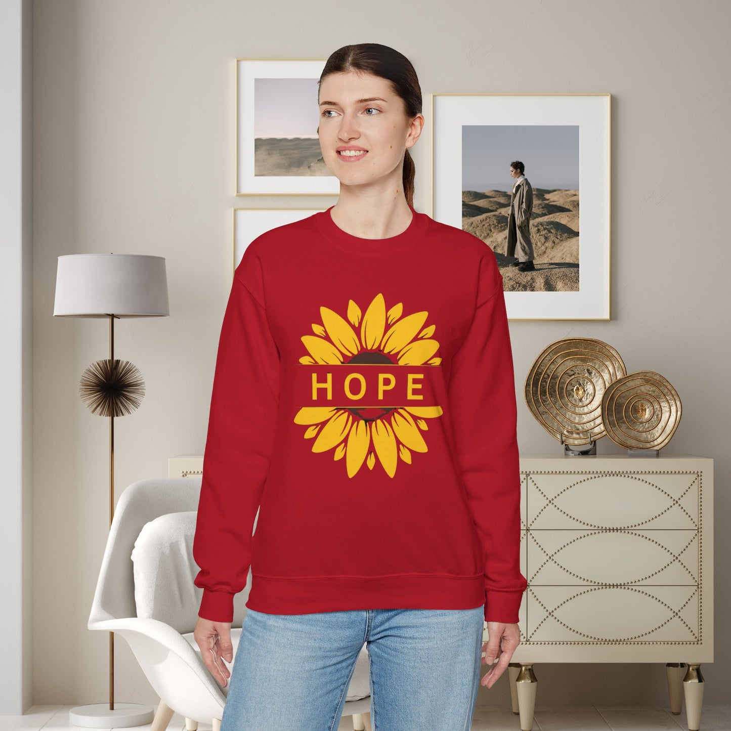 Beautiful sunflower with to inspire  “HOPE” comfy sweatshirt. Give the gift of this Unisex Heavy Blend™ Crewneck Sweatshirt or get one for yourself.