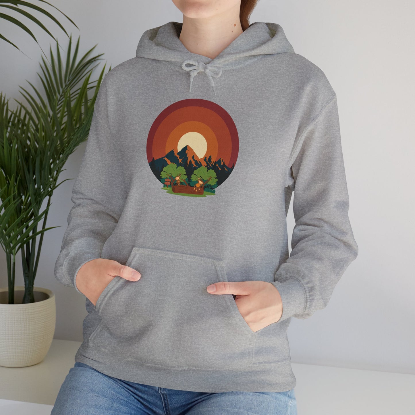 Hooded Sweatshirt - Mountain Forest and Playful Monkeys Design