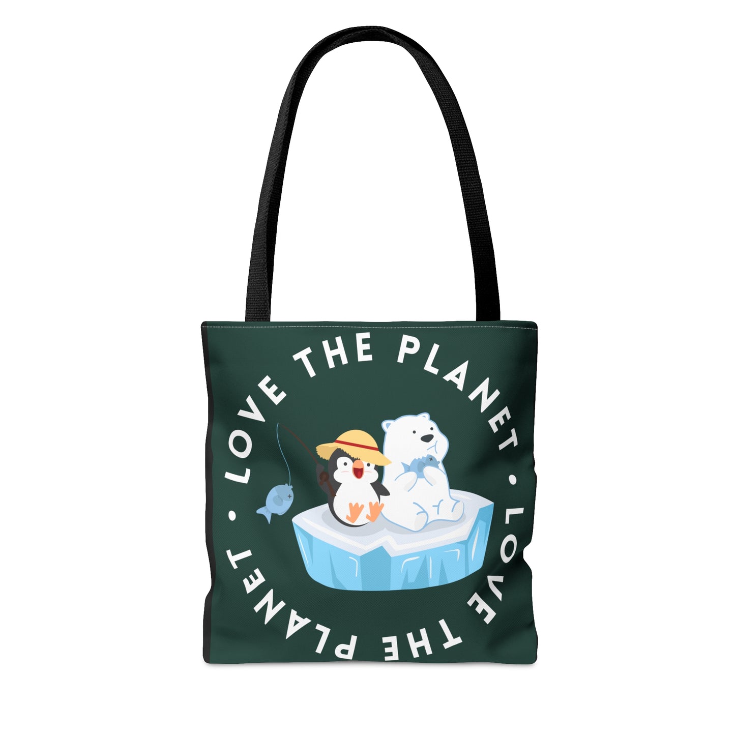 Cute polar bear, penguin and fish inside a  “LOVE THE PLANET” Tote Bag in 3 sizes to meet your needs.