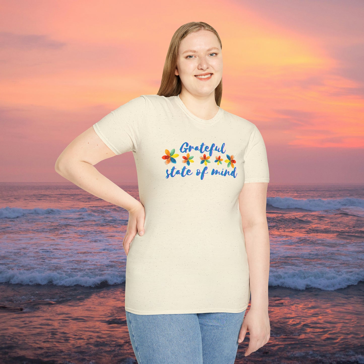 A "grateful state of mind" is a wonderful state to be in. Our mindsets have tremendous impact in our perspectives. This is a Unisex Softstyle T-Shirt.