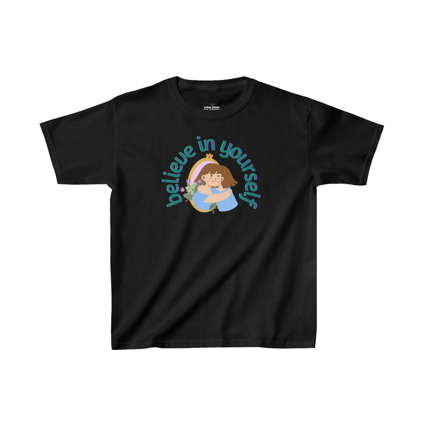Give yourself a hug and believe in yourself message on this Kids Heavy Cotton™ Tee