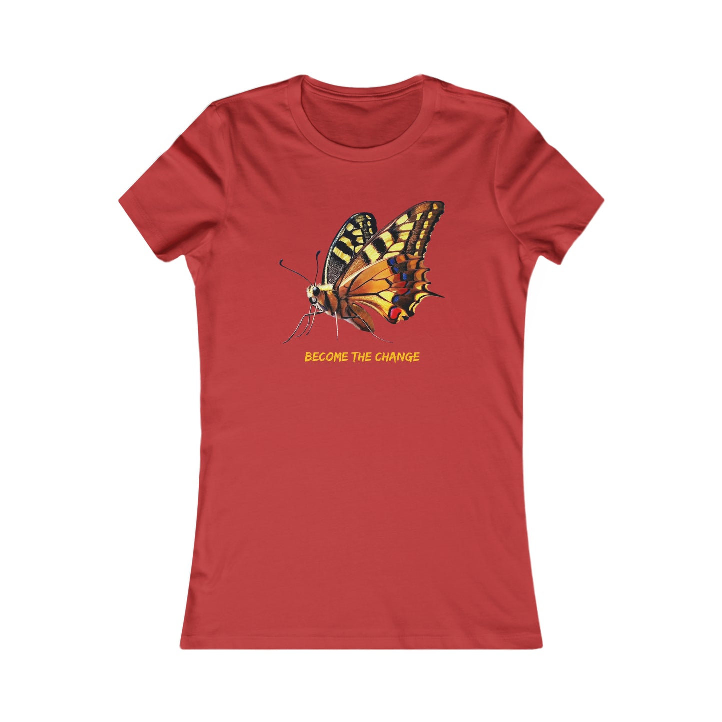 A beautiful butterfly with “BECOME THE CHANGE” message in the center of this Women's Favorite Tee design. Slim fit so please check the size table.