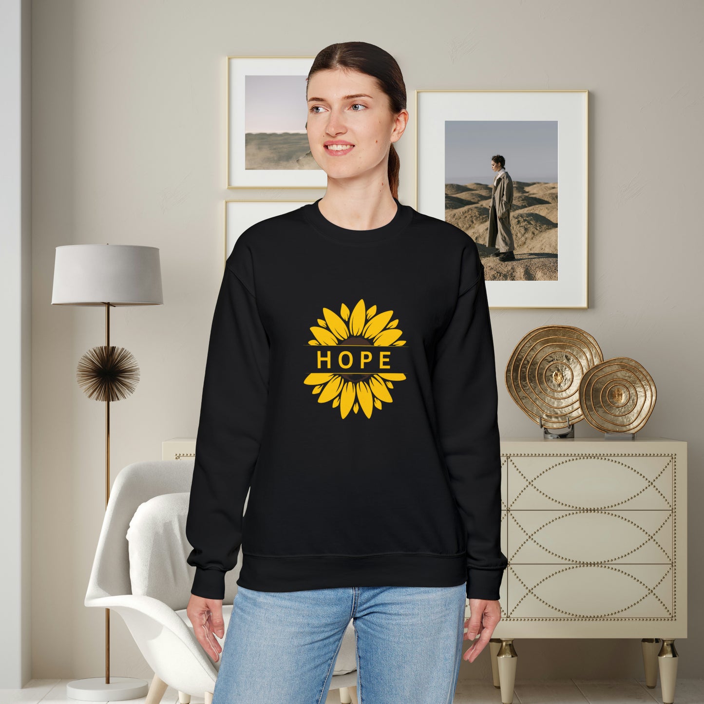 Beautiful sunflower with to inspire  “HOPE” comfy sweatshirt. Give the gift of this Unisex Heavy Blend™ Crewneck Sweatshirt or get one for yourself.