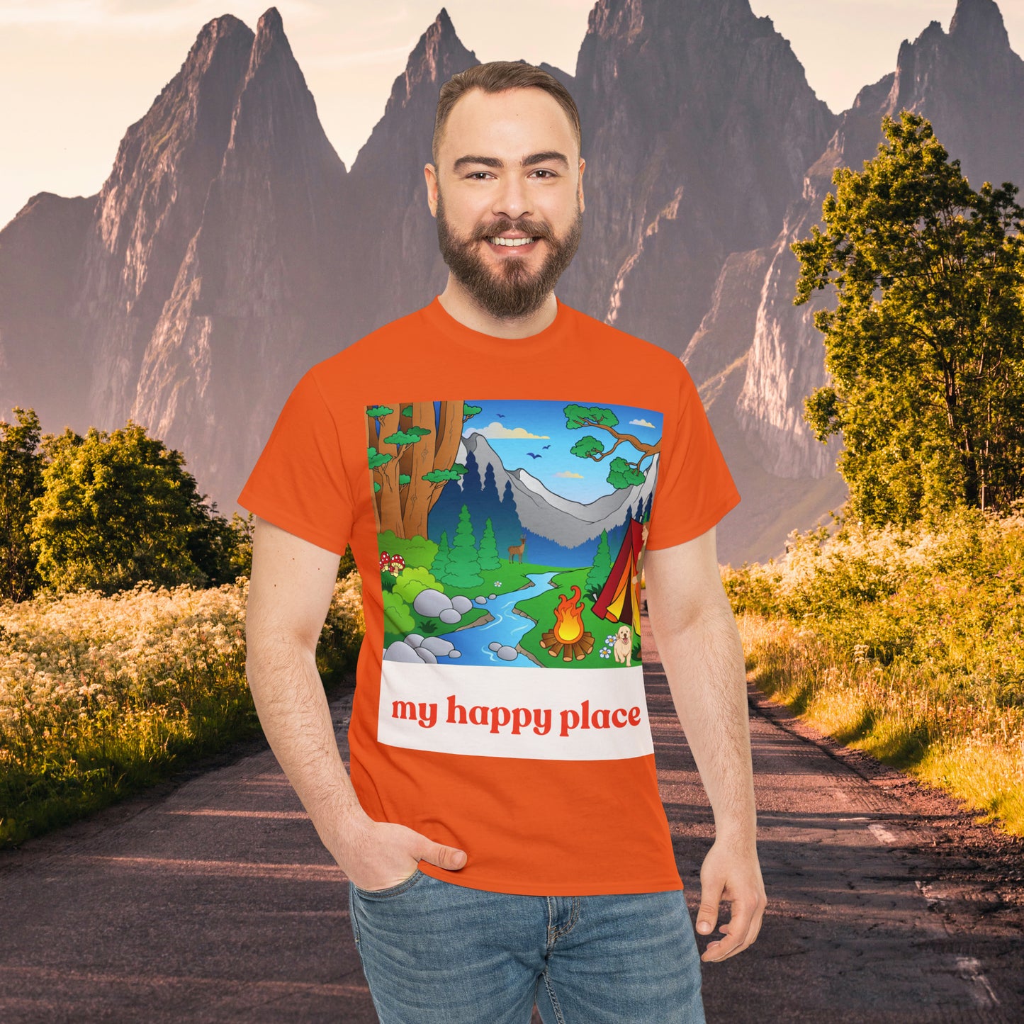 A great shirt for those who love camping in the great outdoors! This Unisex Heavy Cotton Tee is designed to inspire us to spend more time being happy in the great outdoors. Camp, hike and be one with nature.