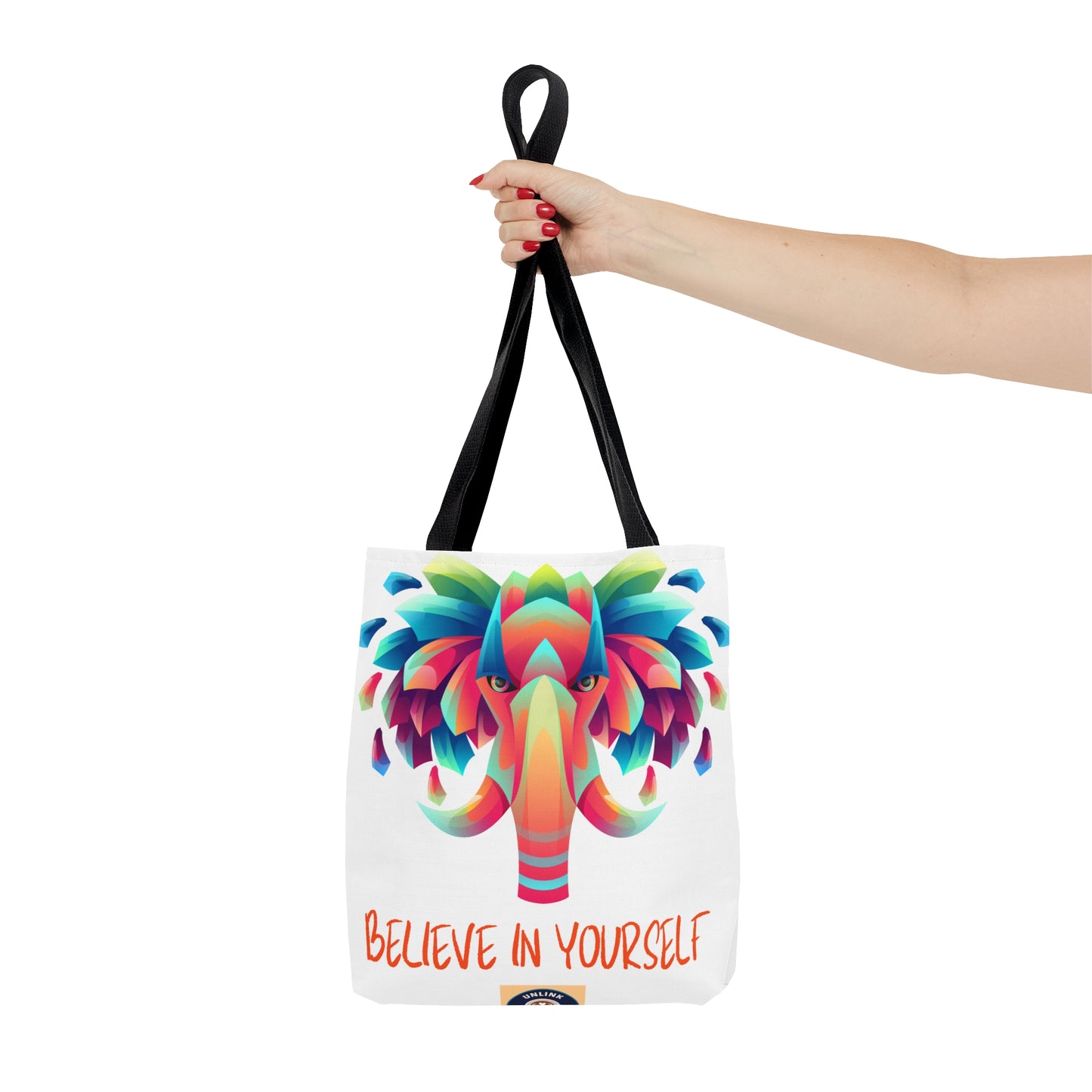 Gorgeous elephant design above “BELIEVE IN YOURSELF” affirmation tote bag. Come in 3 sizes to meet your needs.