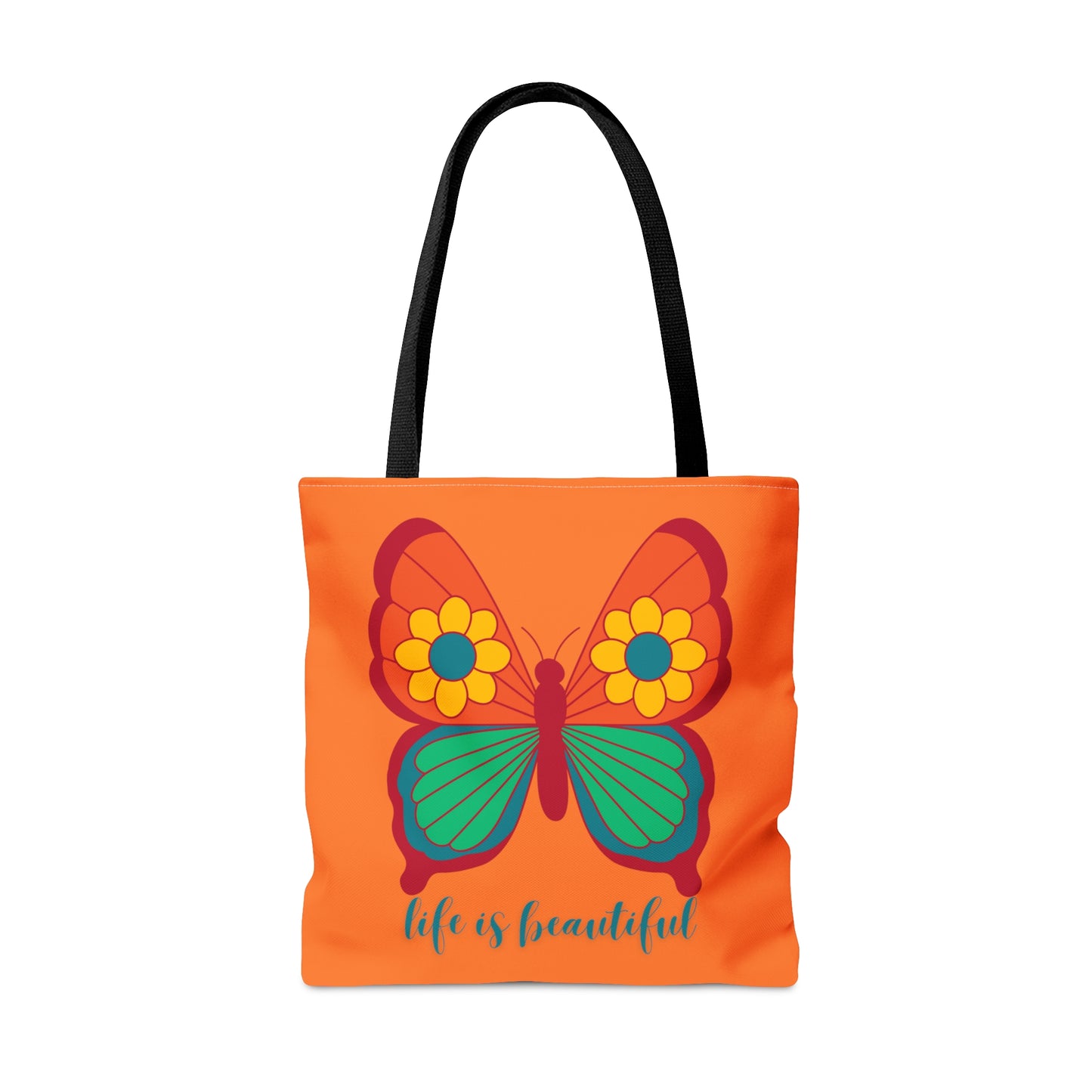 Cute and simple message “life is beautiful” under a butterfly design tote bag. Come in 3 sizes to meet your needs.