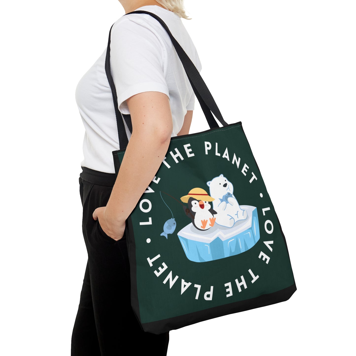 Cute polar bear, penguin and fish inside a  “LOVE THE PLANET” Tote Bag in 3 sizes to meet your needs.