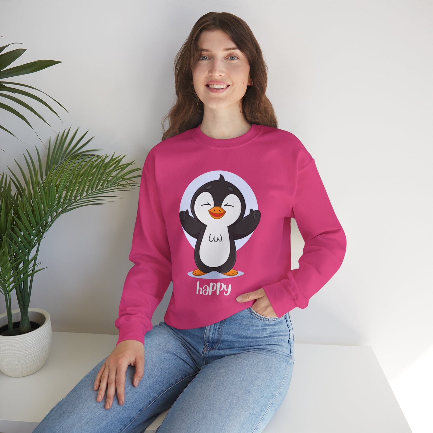 Penguin Crewneck Sweatshirt with Happy Typography