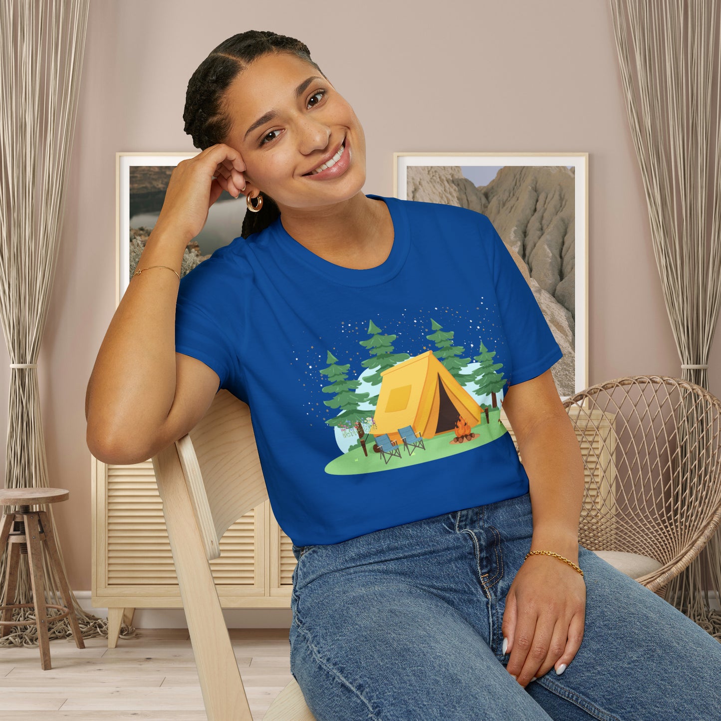 Camping can be so much fun! A happy place for many of us. Love of the great outdoors inspired design on this Unisex Softstyle T-Shirt.