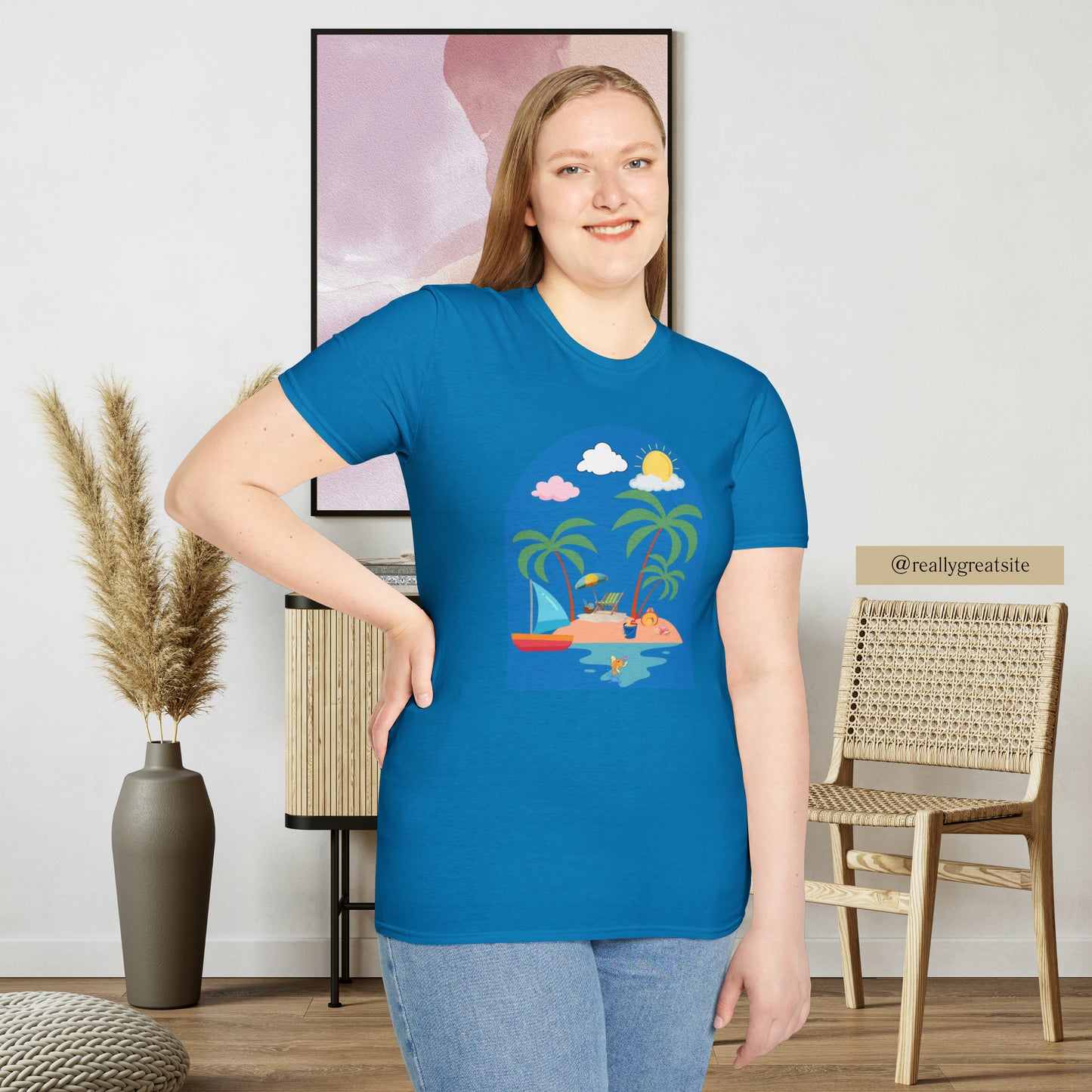 Do you smile when you think of being on an island with the sun, sand and breeze embracing you? This Unisex Softstyle T-Shirt is made for that beach loving person.