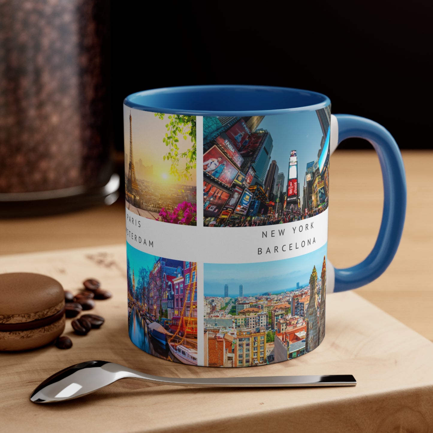 London, Montreal, Paris, Amsterdam, New York and Barcelona! This Travel Accent Coffee Mug is a part of a Travel Series for you to choose from. 11oz. Great as a gift or get one to enjoy yourself.