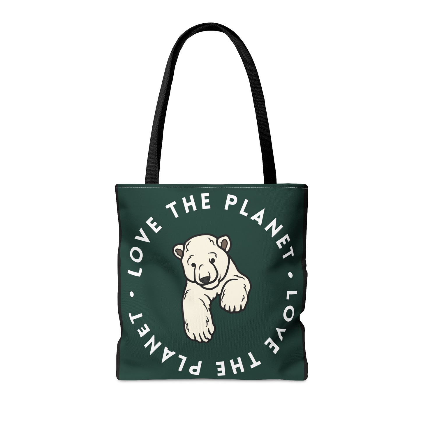 Polar bear inside a  “LOVE THE PLANET” Tote Bag in 3 sizes to meet your needs. Available in black.