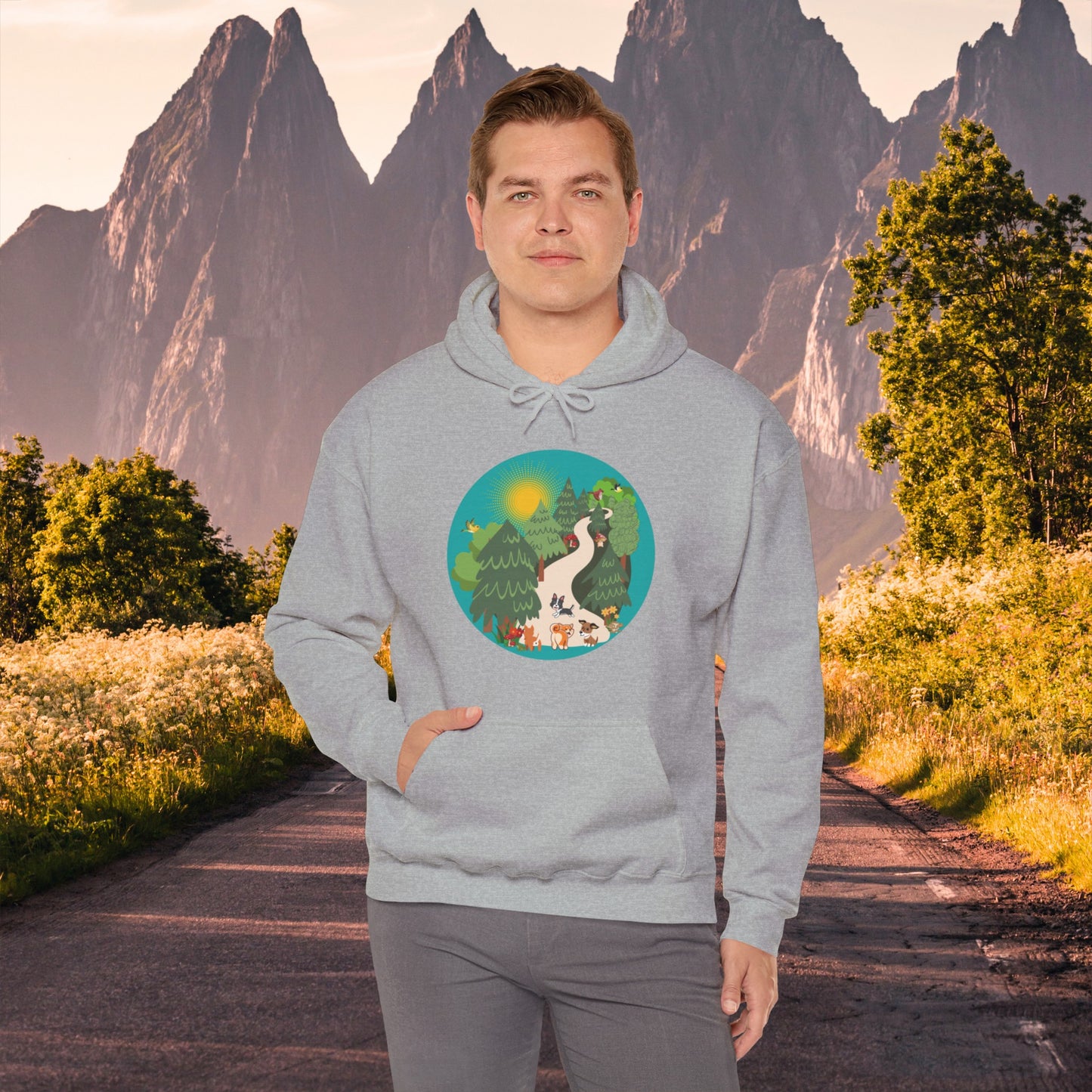 A nature walk with the doggies is so much fun! Enjoy this Unisex Heavy Blend™ Hooded Sweatshirt