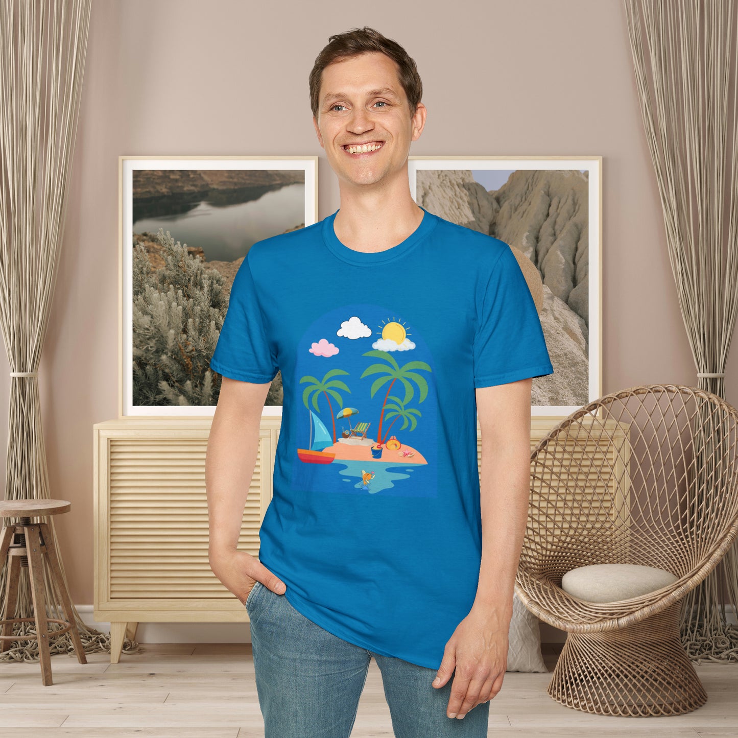 Do you smile when you think of being on an island with the sun, sand and breeze embracing you? This Unisex Softstyle T-Shirt is made for that beach loving person.