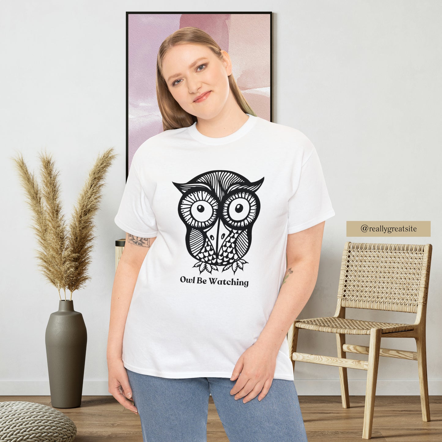 Owl be watching caption Unisex Heavy Cotton Tee. Beautiful owl design for your enjoyment.