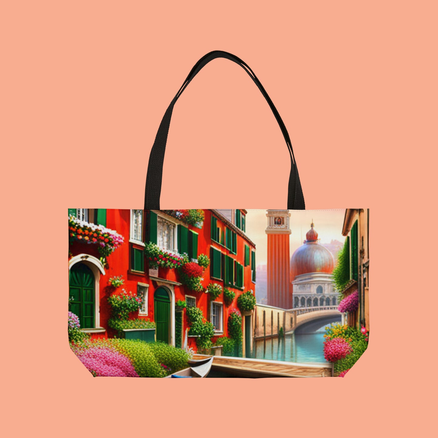 A design inspired by the very photogenic city of Venice, Italy on this Weekender Tote Bag.